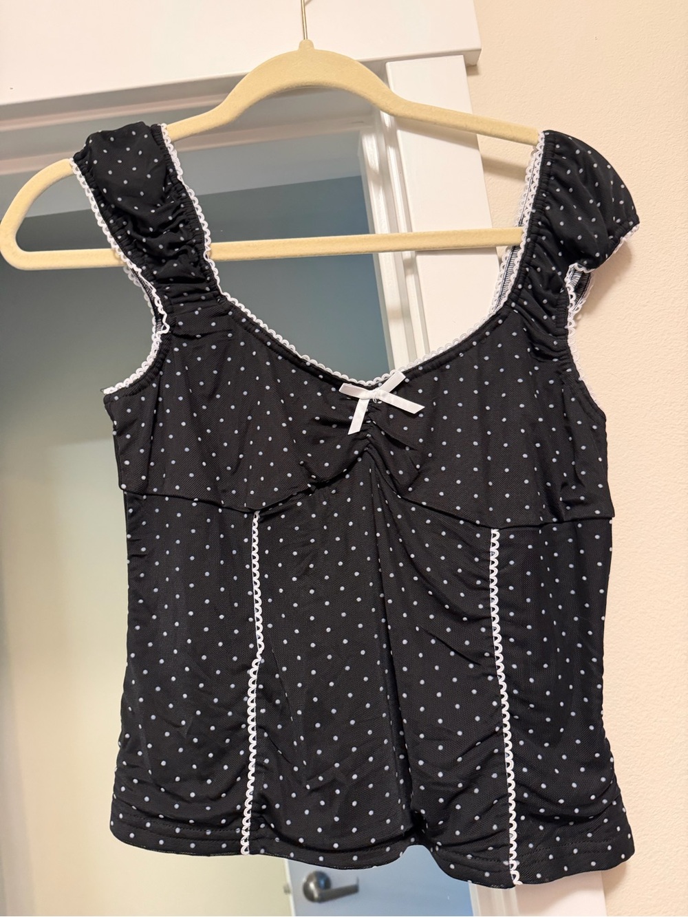 Black Polka Dot Crop Tank Top with Lace Trim